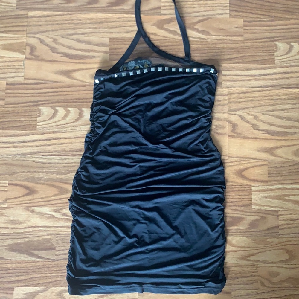 Ruched Asymmetrical Black Halter Dress